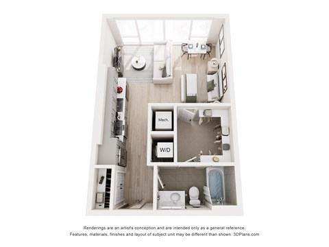 Floor plan for studio, 1 bath, 543 sqft
